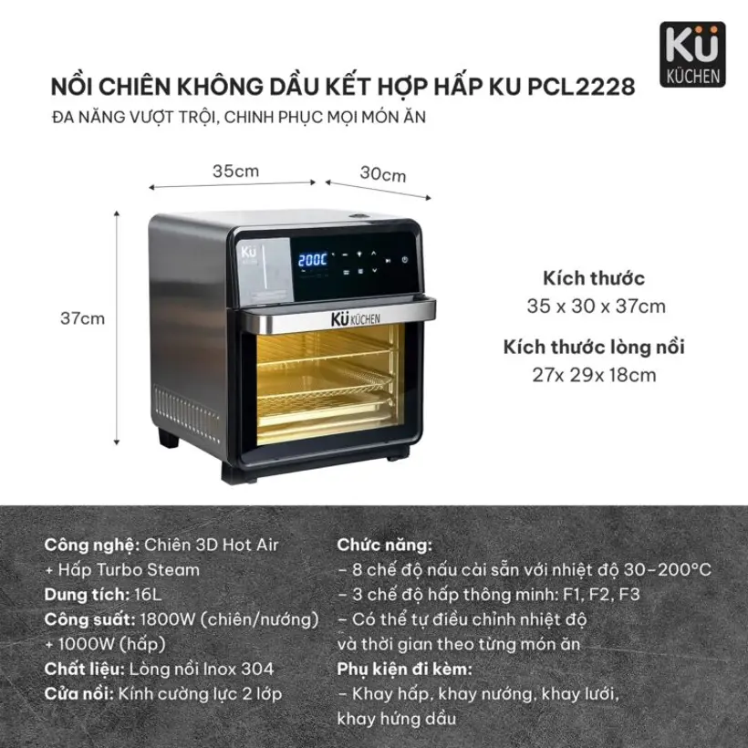 Nồi chiên không dầu kết hợp hấp KU 2228